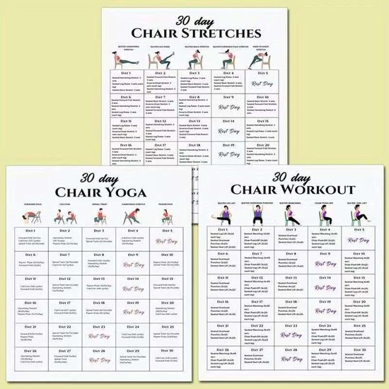 Stoelyoga Diagram Set - Fitness Kaarten - Thuis Workout - 30 Dagen Plan - 26 x 21 cm - Meerdere Kleuren — afbeelding 2