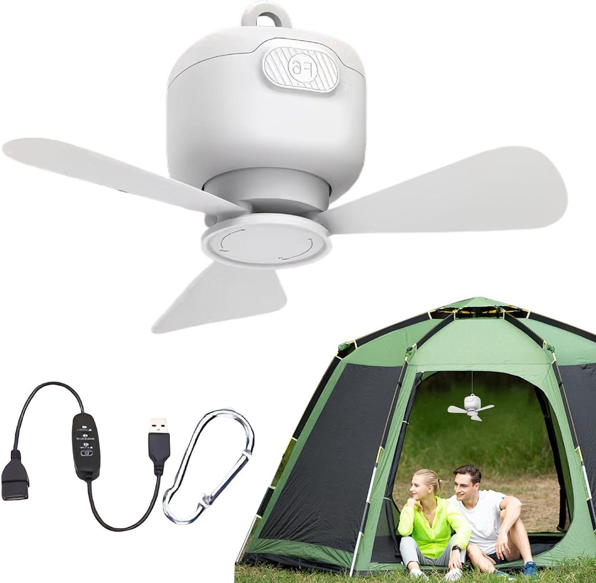 Draagbare Plafondventilator - Ophangbare Ventilator - Buitenkoeling - Stille USB Werking - 9.6 x 11.6 cm - Wit