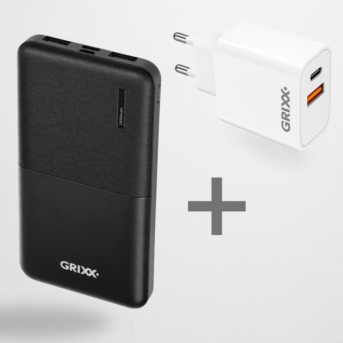 GRIXX Powerbank Bundel met USB Oplader – 10.000 mAh Powerbank + Dual USB Adapter – Geschikt voor iPhone, Samsung & Android – Wit
