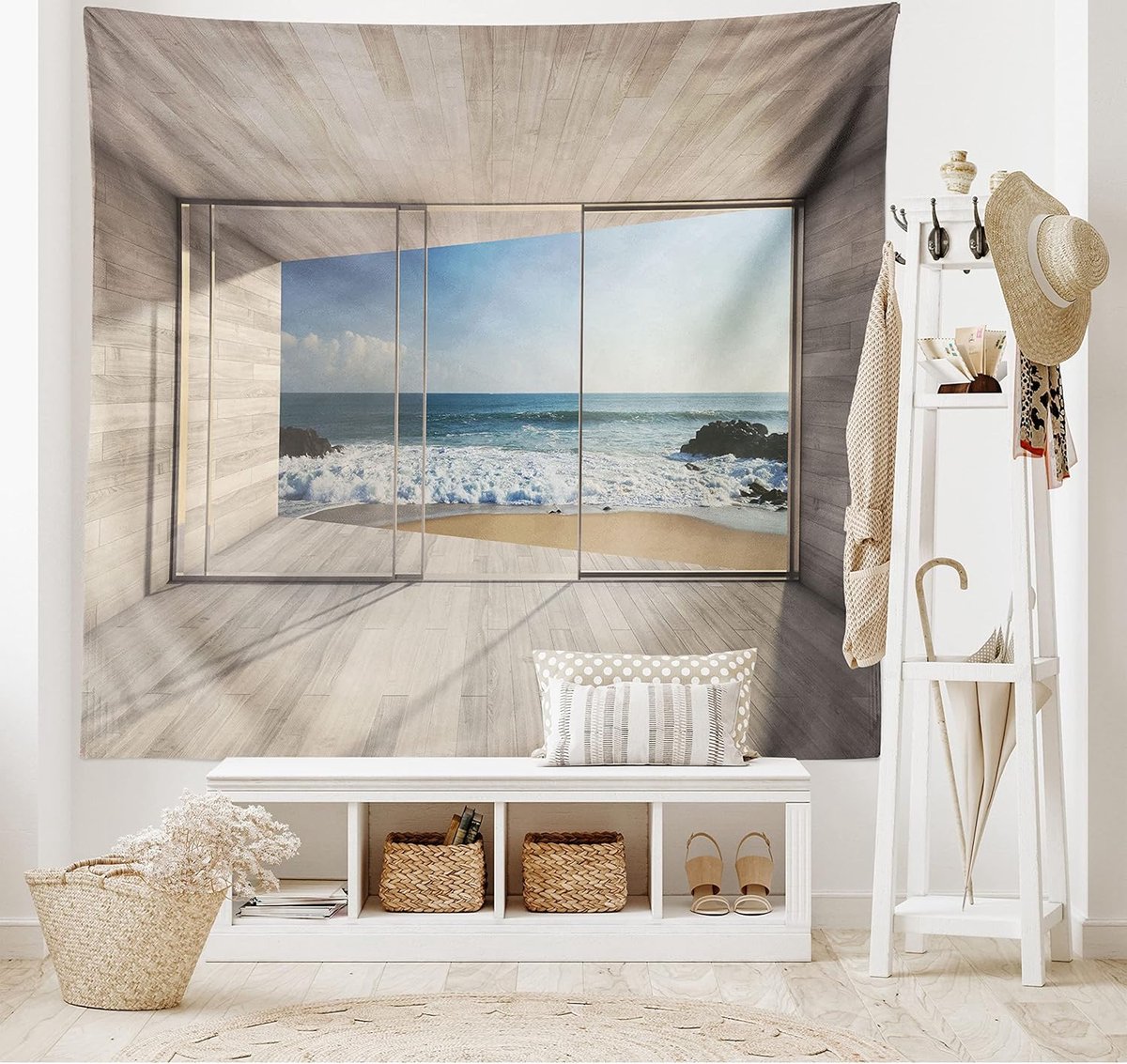 ABAKUHAUS Oceaantapijt, Sea View Waves rok, woonkamer slaapkamer wanddoek zijdezacht satijn wandtapijt, 200 x 150 cm, beige blauw wit