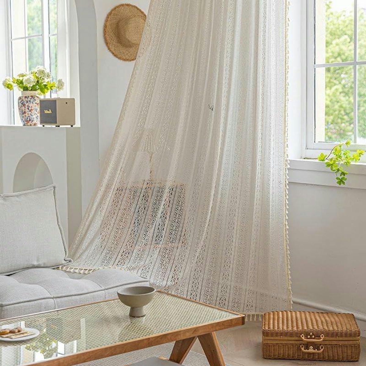 Woonkamer Gordijnen - Linnen Vitrage - Ruimte Decoratie - Bloem Gebreid Patroon - 150x300 cm - Beige
