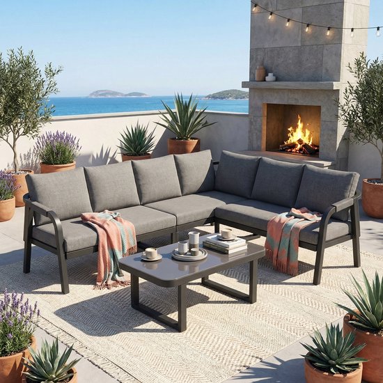 MODFU Loungeset Tuin - Hoekopstelling voor 6 Personen - Met Salontafel met Glazen Blad - Modern Design - Stevig Stalen Frame - Voor Tuin, Terras of Balkon - Grijs - Tuinmeubelen