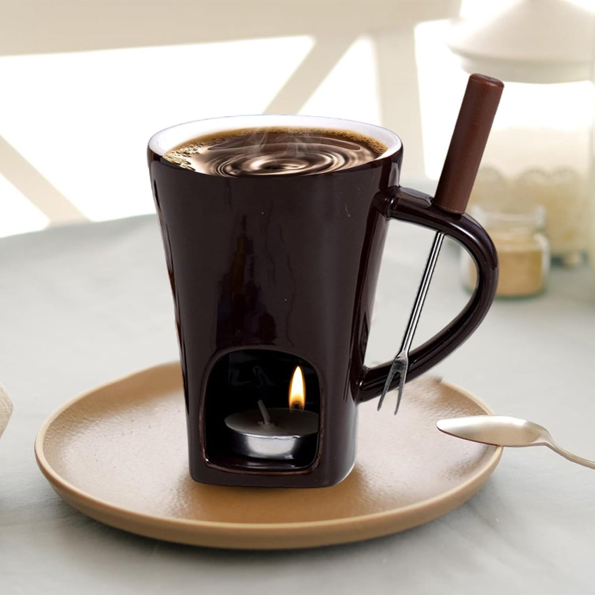 Ceramic Fondue Mug Set - Candle Powered Chocolate Melting Cup with Dipping Fork for Easy Dessert Making, Perfect Single Serve Treat Station for Home Celebration Family Gathering Holiday Party Sharing – foto 3