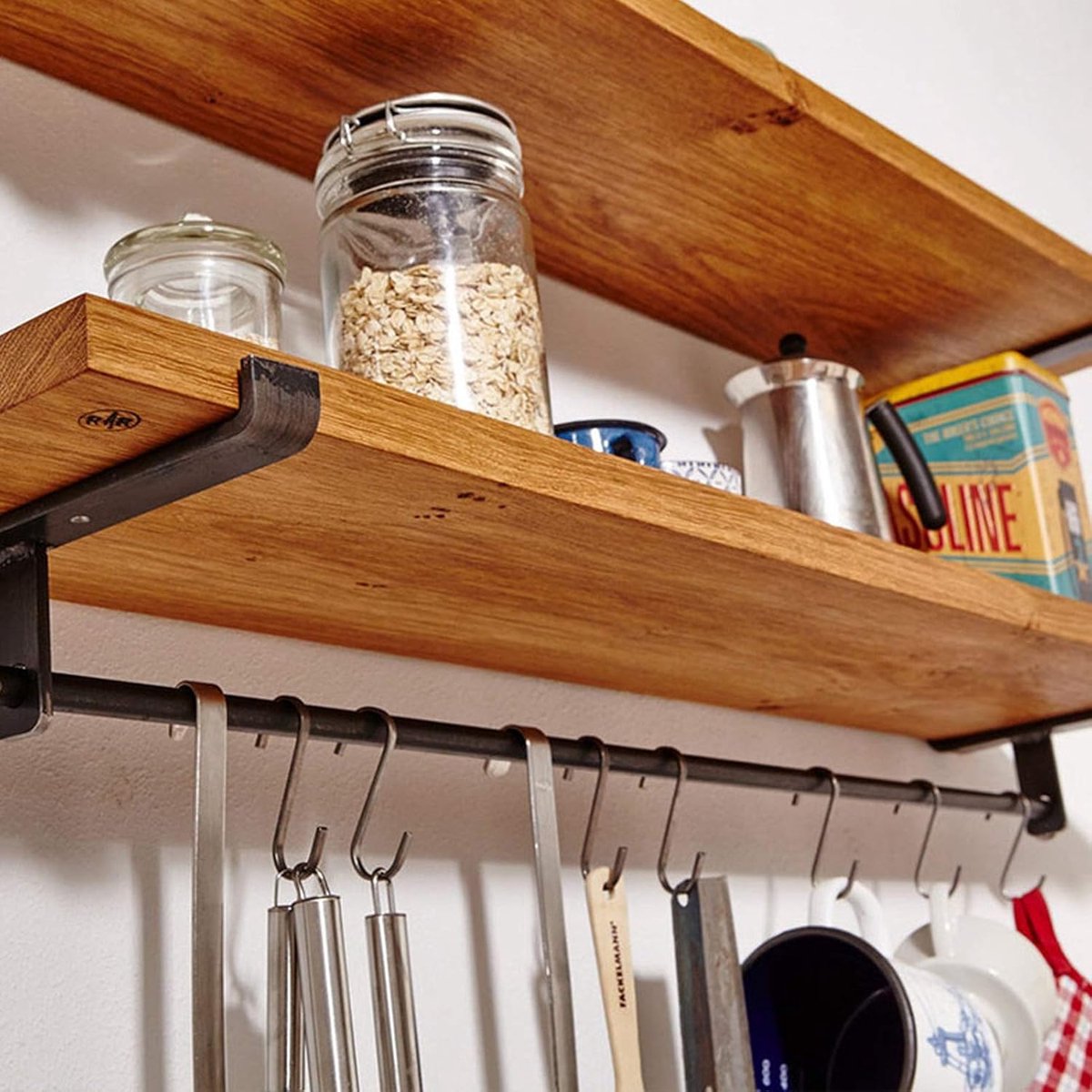 Wandrek - Drijvende Plank - Opbergen Keukengerei - Massief Hout Metaal - 2-laags - Rustiek