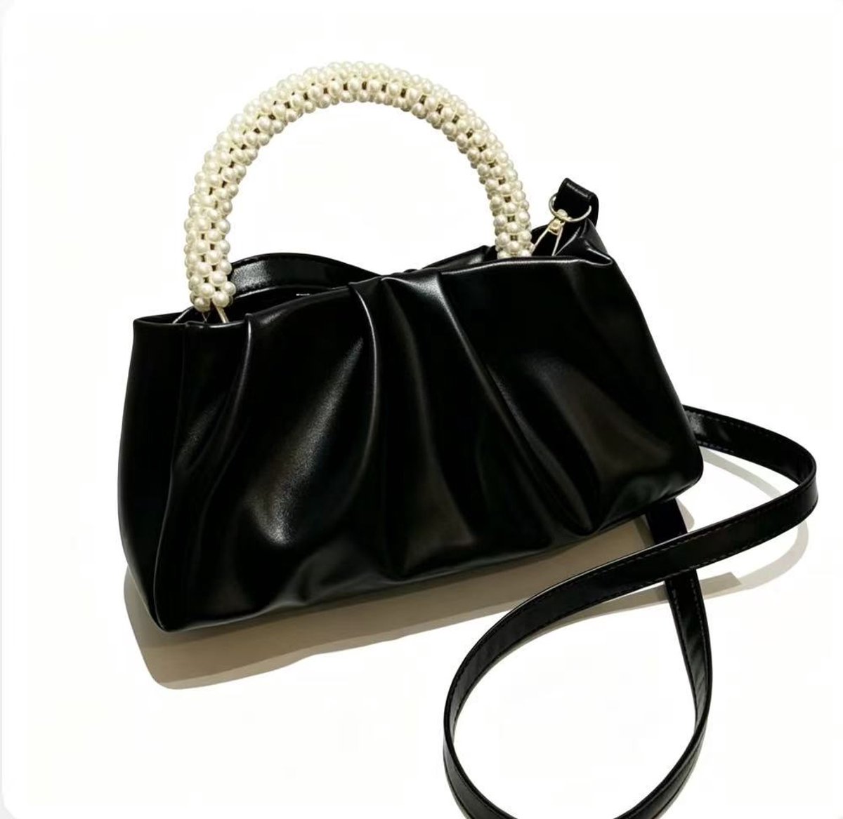 Zwarte Dames Handtas met Parel Handgreep, Gestileerde Wokkeltas, Crossbody Tas met Schouderriem, Casual en Elegant, voor Dagelijks Gebruik en Avonden Uit