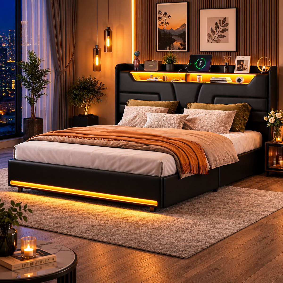 Gestoffeerd Tweepersoonsbed 160x200 cm Zwart PU – Met LED‑verlichting, USB‑stopcontact, Lattenbodem en Hydraulische Opbergruimte, Zonder Matras
