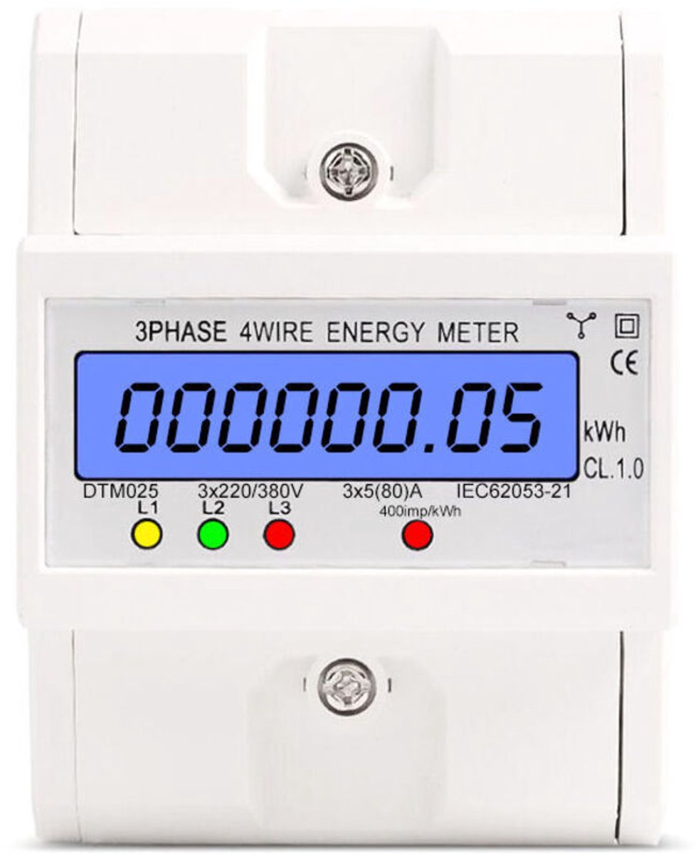Energieverbruiksindicator, vierdraads driefasen energiemeter, 220/380V, 5-80A, kilowattuur energieverbruik, digitale energiemeter voor DIN-railmontage met verlicht LCD-display.