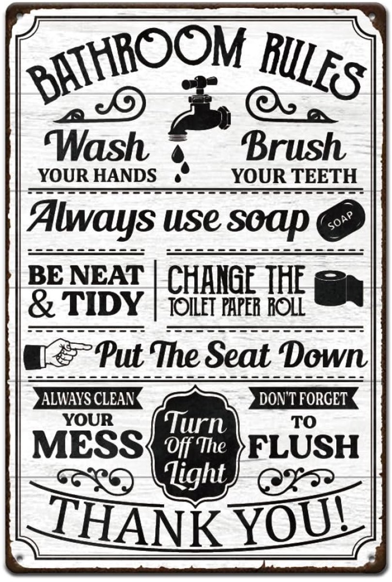 Dailygoods - Dailygoody - Badkamerregels - Grappige Wanddecoratie - Vintage Stijl - Metalen Bord - Toilet Kunst - Geschikt voor Badkamer en WC