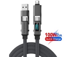 MOBZI 4-in-1 USB-C Snellaadkabel 100W – LED Watt Display – USB-A naar USB-C & Lightning – PD Quick Charge – Nylon Gevlochten – iPhone Samsung MacBook iPad – Lifetime Garantie