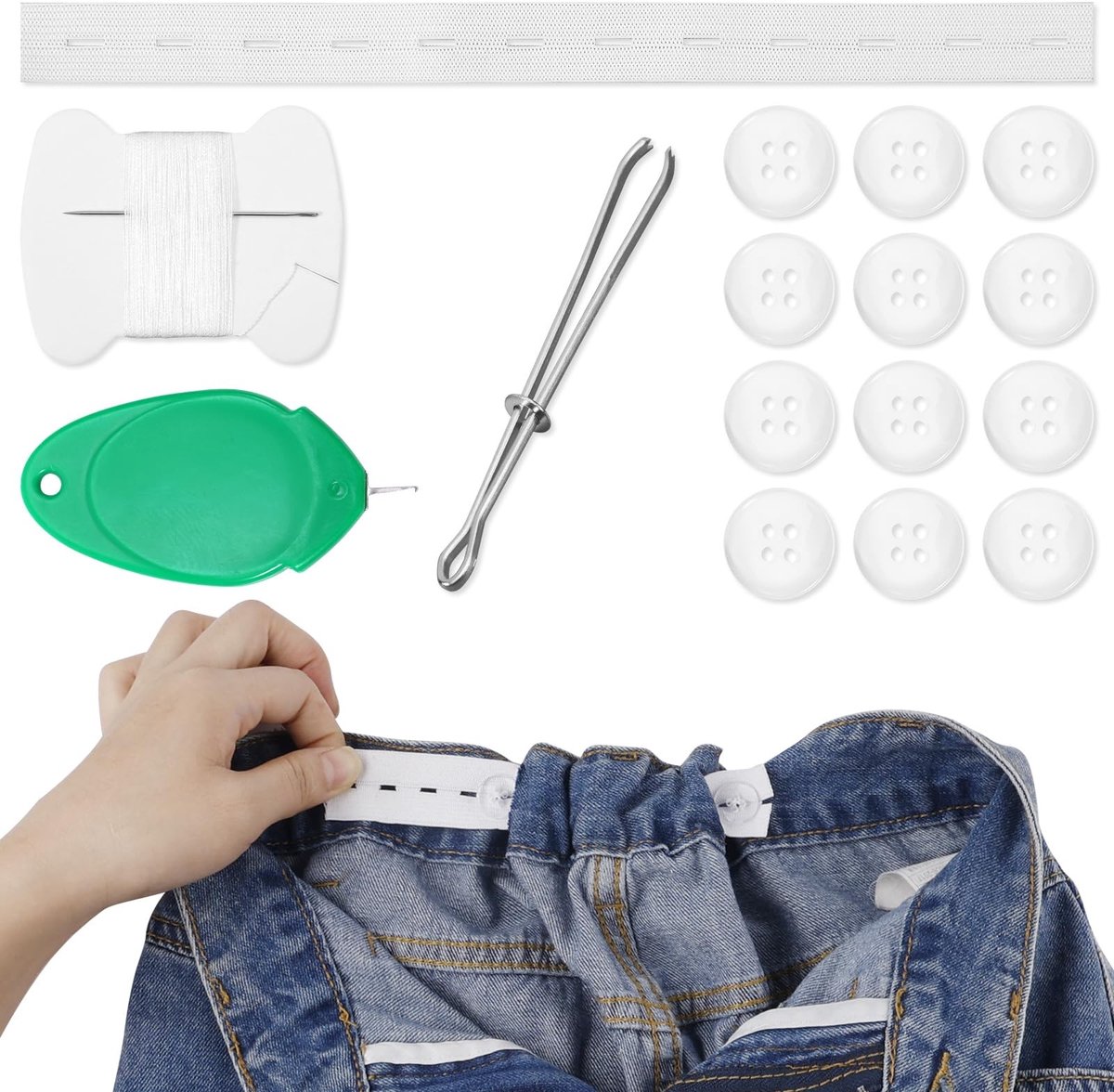 Cosensi - Dailygoods - Dailygoody - Verstelbare Pantsgordel - Jeans Waist Tightener - Ideaal voor losse jeans - Universele maat - Met knoppen en naaldset - Voor het aanpasse...