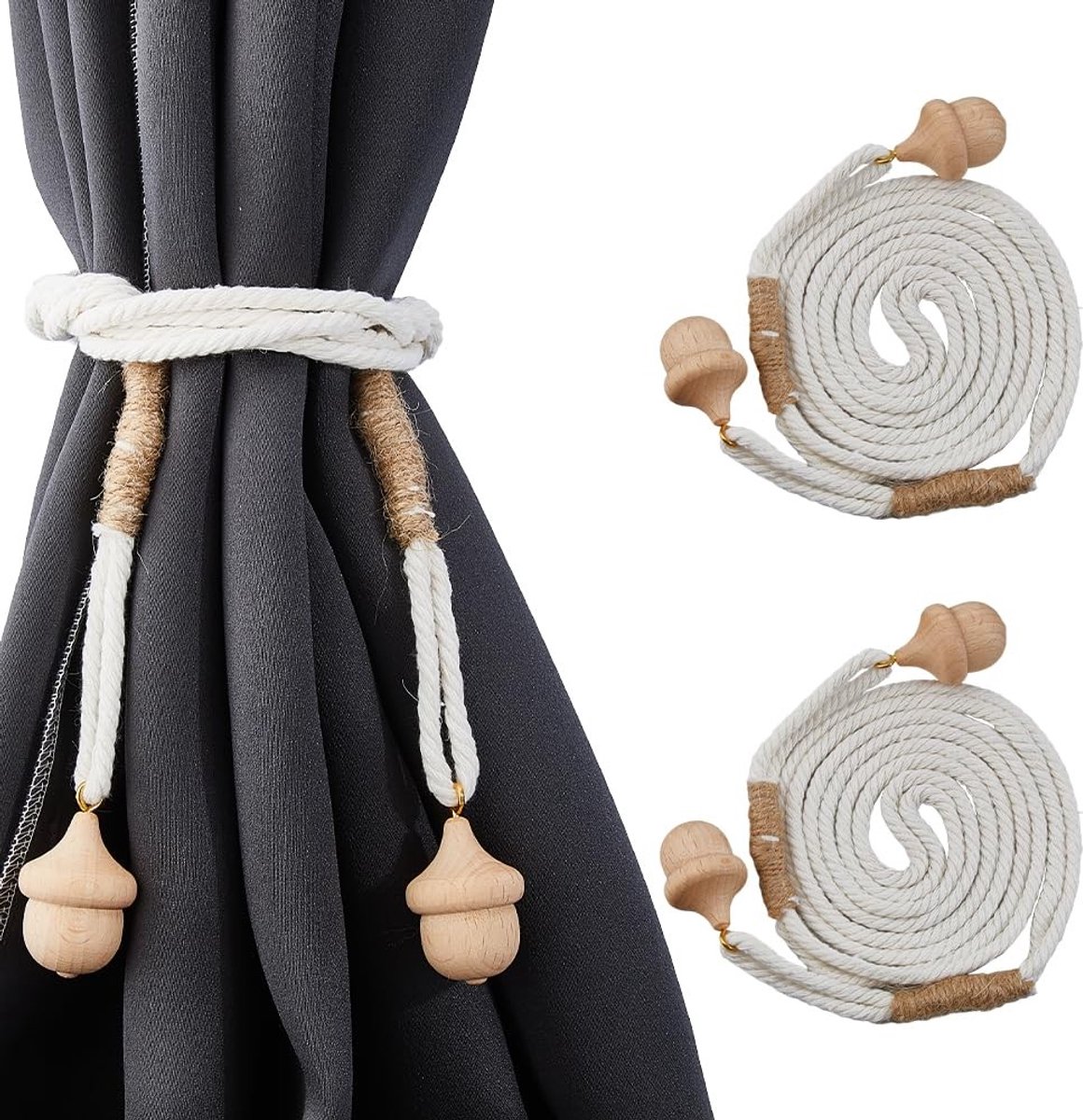 Cosensi - Dailygoods - 2 Stuks Macramé Gordijnbinders met Houten Hangers