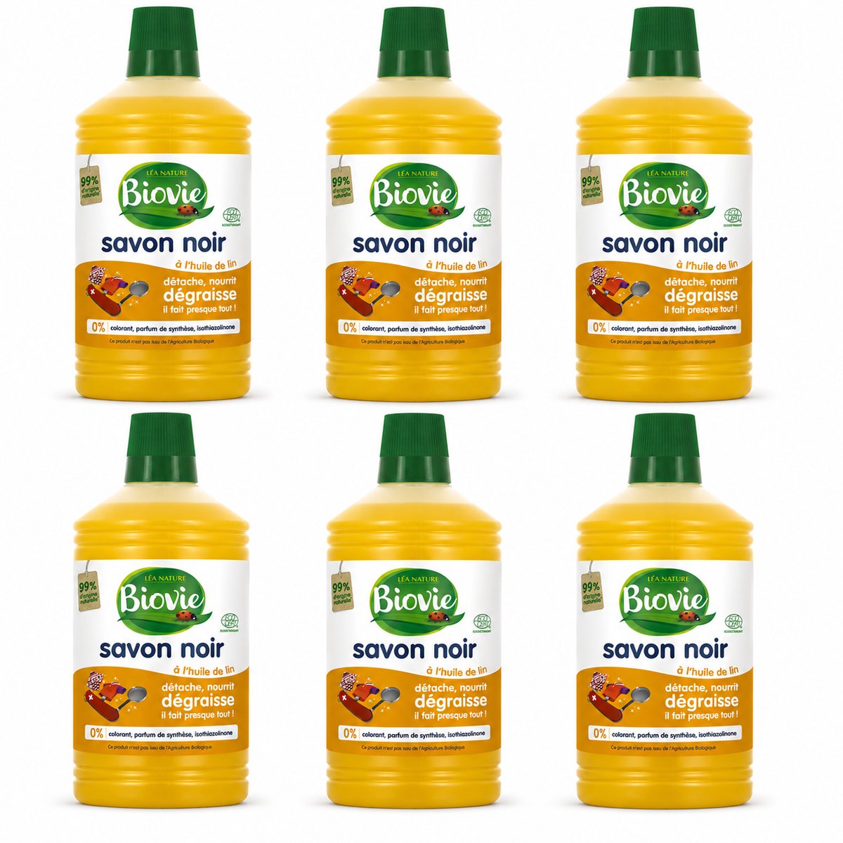 Biovie Vloeibare Zwarte Zeep met Lijnzaadolie 1 Liter - Set van 6 Flessen (6 L Totaal) - Ecocert Gecertificeerde Savon Noir - Multifunctionele Ecologische Reiniger - Made in France