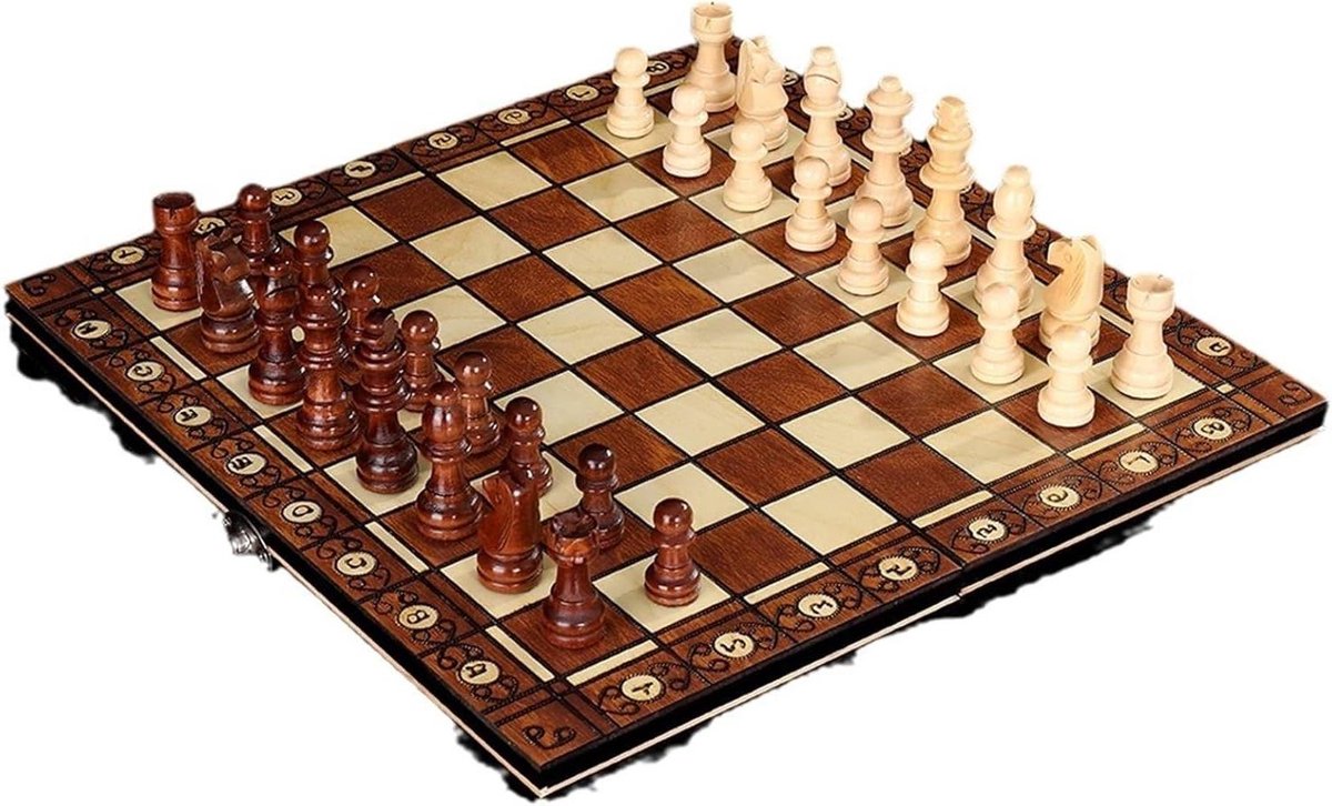 Houten Schaakspel - 3-in-1 Spel - Familie Spelletjes - Magnetisch Bord - 44cm - Houtkleur