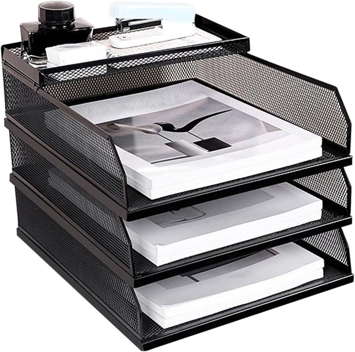 Documenten Organizer - Papierlade Stapelbaar - Bureau Organiseren - Mesh Ventilatie - 3 Lagen - Multicolor