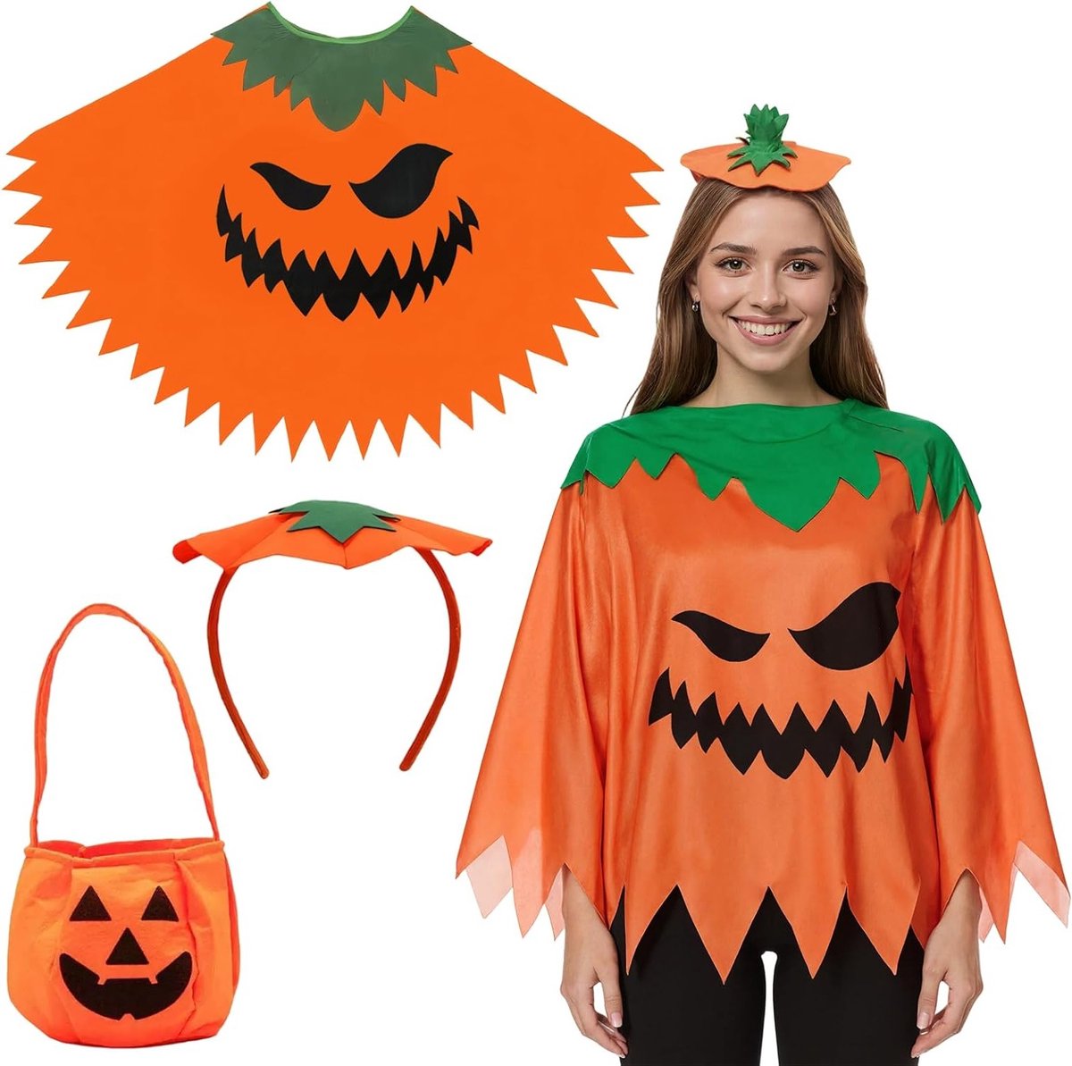 Halloween Pompoen Kostuum voor Volwassenen met Oranje Cape, Pompoen Hoed en Snoepzak voor Feest en Carnavalsviering