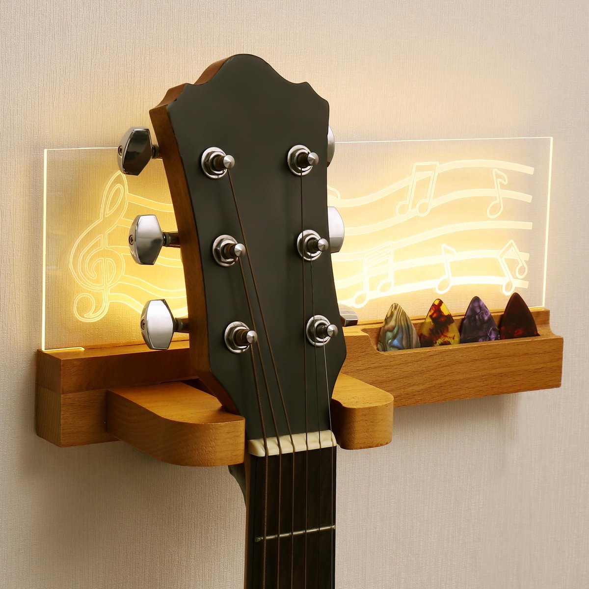 Dailygoods - Wandhouder voor Gitaar met LED Verlichting en Plectrumsleuf