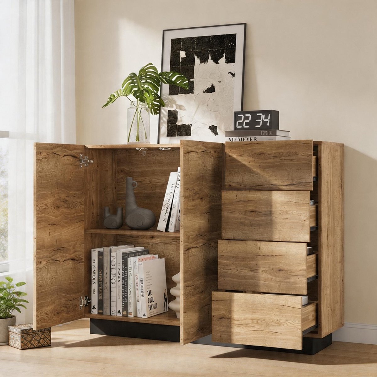 KOMHTOM - Commode dressoir met vier lades en twee deuren - geschikt voor woonkamer en keuken - zwart en natuurlijke tinten - B120 x D35,5 x H90,5 cm
