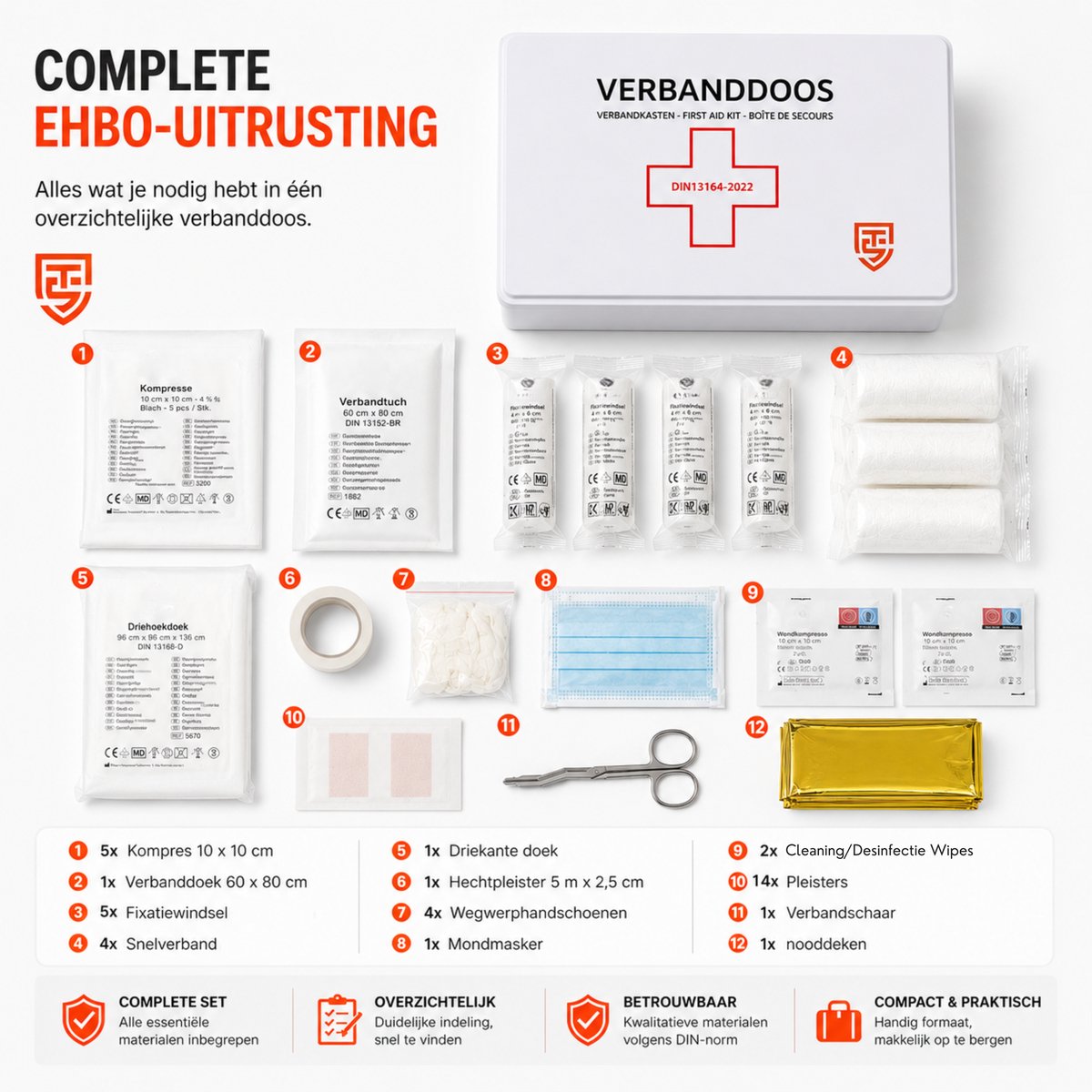 Technosafety Verbanddoos DIN13164-2022 + Wandhouder - EHBO kit - Verbanddoos voor thuis, kantoor en in de auto - Verbandkast - First Aid Kit - Internationaal Goedgekeurd - Noodpakket – foto 7