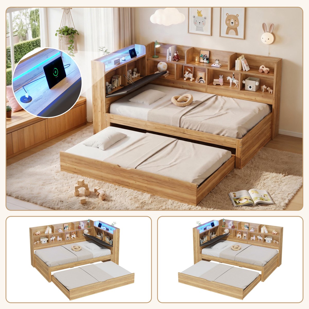 Kinderbed Met Uitschuifbed - Bed Met Opbergruimte En LED - USB Sofabed Hout