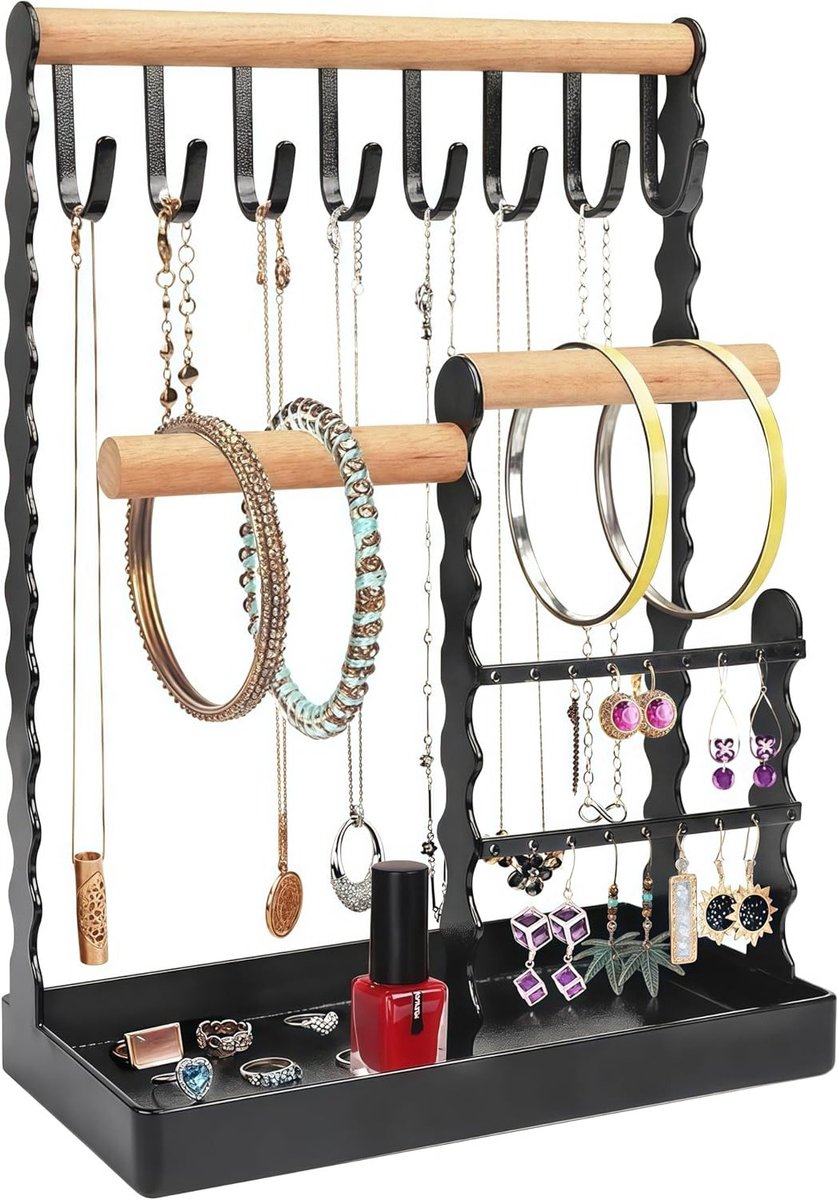 Sieradenhouder met houten ring, opbergstand voor kettingen, oorbellen en armbanden, ideaal voor het organiseren van ringen en horloges.