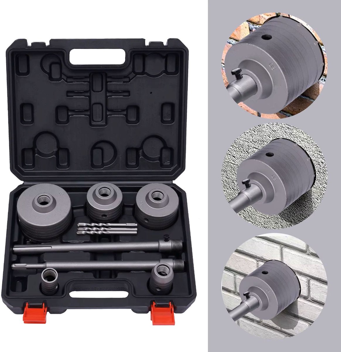 Venzor - Zwart/Grijs – Betonsteenboorset – Kernboren Ø30/40/68/80/100 mm – SDS‑Plus/Max – Voor Beton & Metselwerk