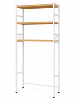 Wasmachine Opbergrek 3-Laags met Haken - Badkamer Organizer - Wasmachinekast - 65 x 26 x 160 cm - Wit Hout