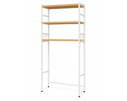 Wasmachine Opbergrek 3-Laags met Haken - Badkamer Organizer - Wasmachinekast - 65 x 26 x 160 cm - Wit Hout