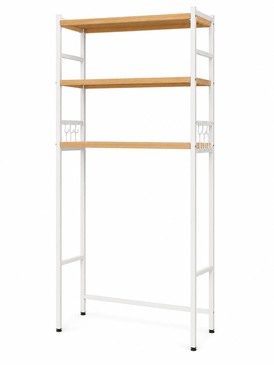 Wasmachine Opbergrek 3-Laags met Haken - Badkamer Organizer - Wasmachinekast - 65 x 26 x 160 cm - Wit Hout