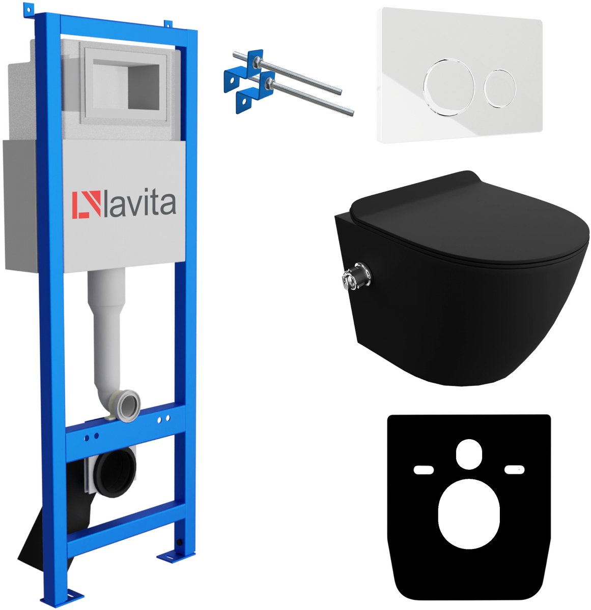 LAVITA® Inbouwreservoir Complete Toiletset LAV 101 - Inbouw WC Hangtoilet Wandcloset SALTO BLACK Zwart Mat - Bedieningsplaat 200.4.1 Wit - Voorwandelement voor toilet 40cm - Installatiesysteem