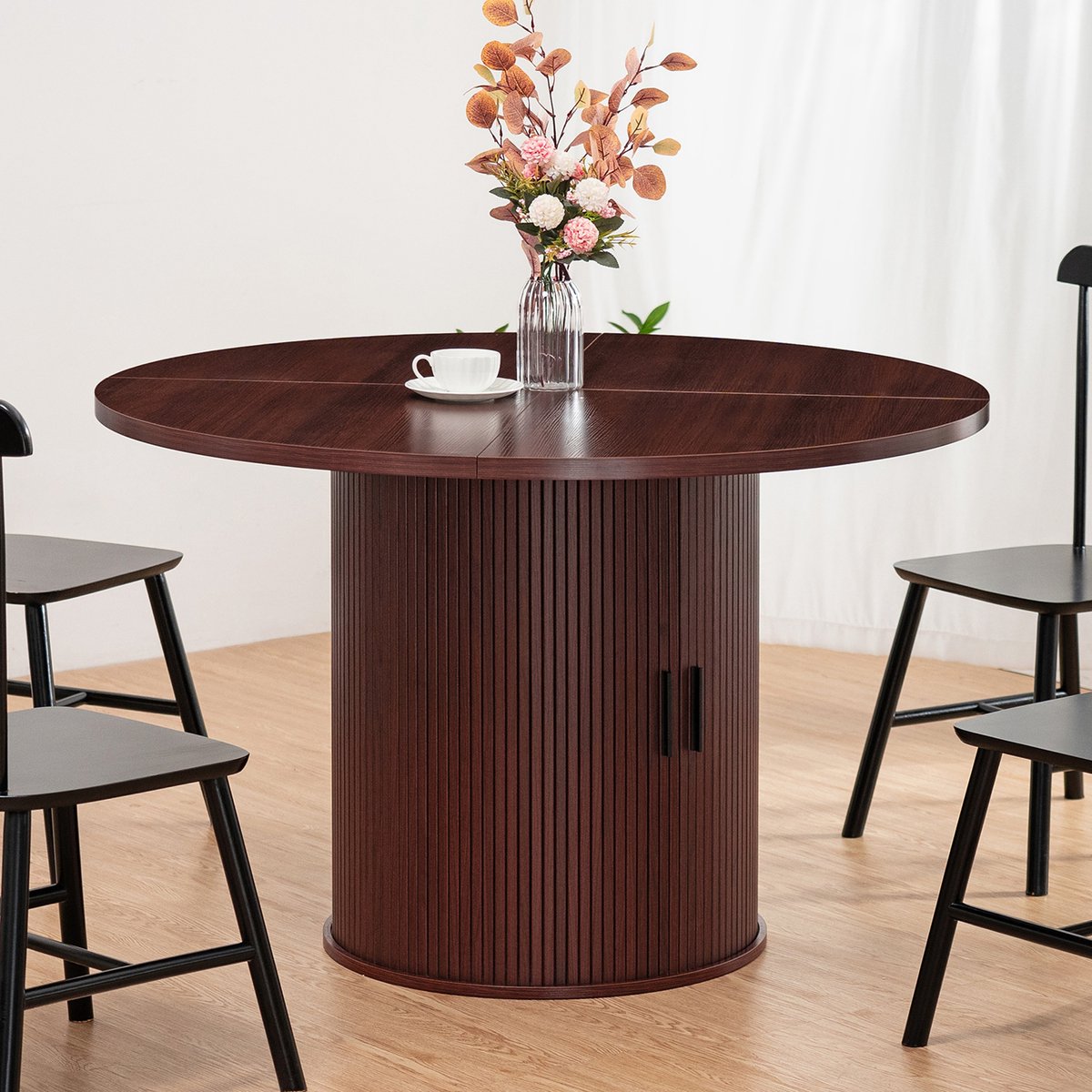 Hommpa Ronde Eettafel 120 cm met Opbergruimte – Houten Keukentafel voor 4 Personen met 2-Laags Opbergplanken en Schuifdeur – Moderne Dining Tafel met Stevige Voet – Bruin