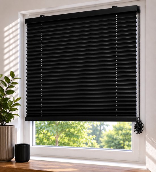 Stores plissés noirs avec cordon de commande, lumière du soleil filtrant à travers les lamelles.