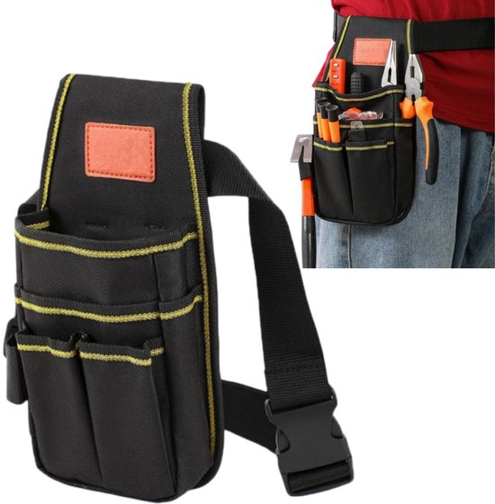 Ceinture utilitaire noire avec passepoil jaune et boucle, avec gros plan de la ceinture portée par une personne.