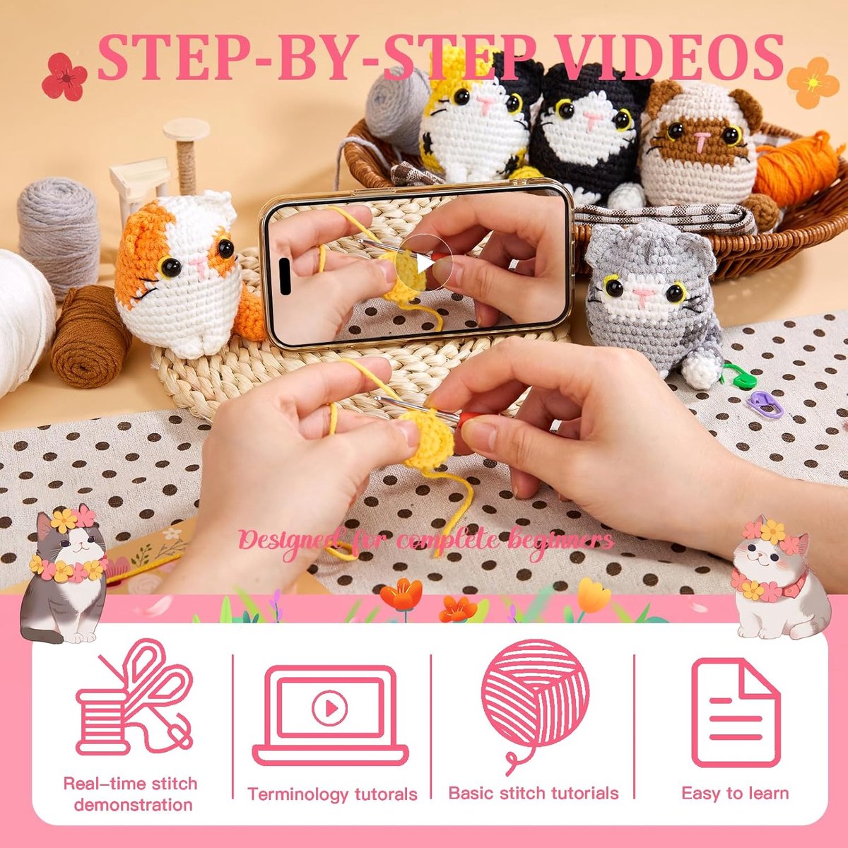 BOTC Haakpakket voor beginners - 6 stuks-Beginners haakset - Amigurumi haakpakketten -5 katten set — afbeelding 3
