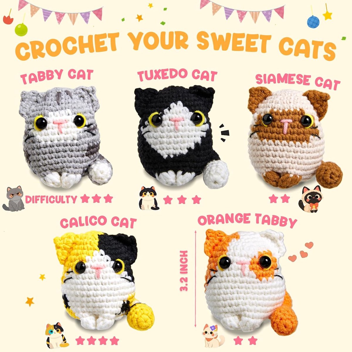BOTC Haakpakket voor beginners - 6 stuks-Beginners haakset - Amigurumi haakpakketten -5 katten set — afbeelding 5