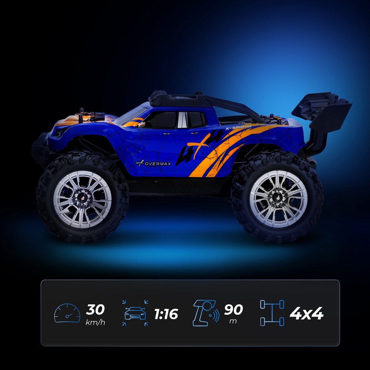 Overmax X-Shard RC auto / RC car Monster Truck 4x4 – metalen aandrijving – tot 30 km/u – LED verlichting – off-road – IPX4 – bereik 90 m – 1:16 – RTR set – 20 min rijtijd – onafhankelijke vering – vanaf 8 jaar - Bestuurbare Auto — afbeelding 10