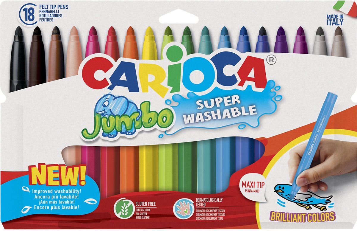 CARIOCA JUMBO stiften - 18 kleuren - Maxi-Punt 6 mm - Afwasbaar - Kleurstiften voor kinderen