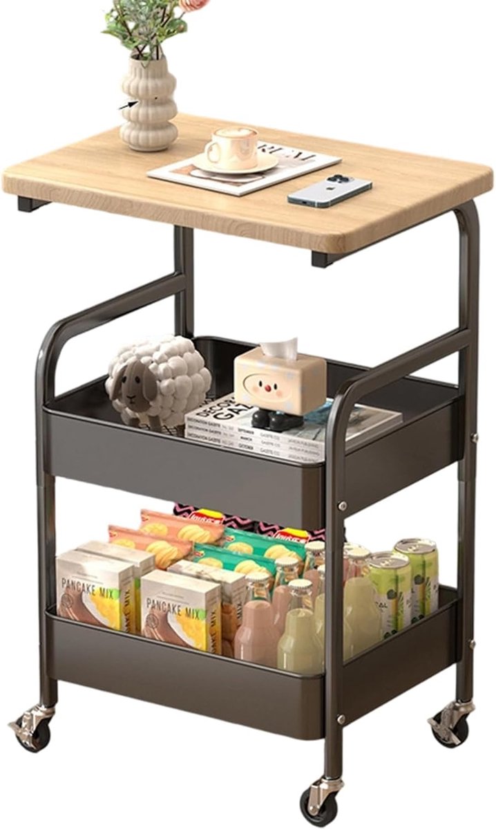 Roltafel met 3 Etages & Houten Bovenblad - Verrijdbare Keukentrolley - Opbergwagen voor Badkamer, Kantoor en Hobby - Zwart Metaal - Industriële Serveerwagen - 43 x 31 x 76 cm