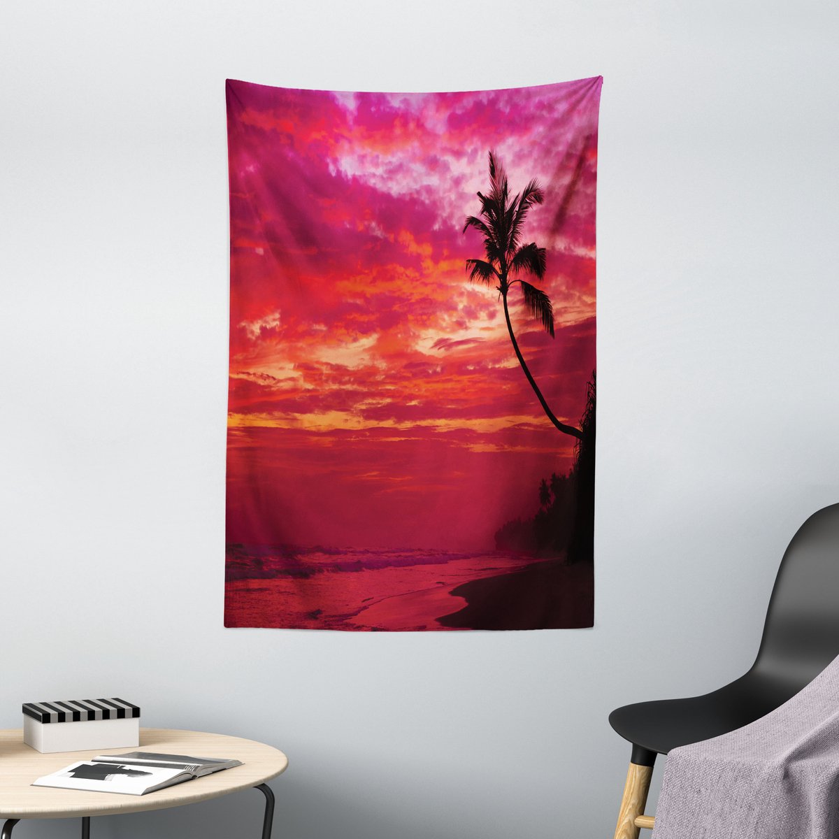 ABAKUHAUS Rood Tapijt, Tropische Eilandstrandpalmen, Woonkamer Slaapkamer Wanddoek Zijdezacht Satijn Wandtapijt, 100 x 150 cm, Rood