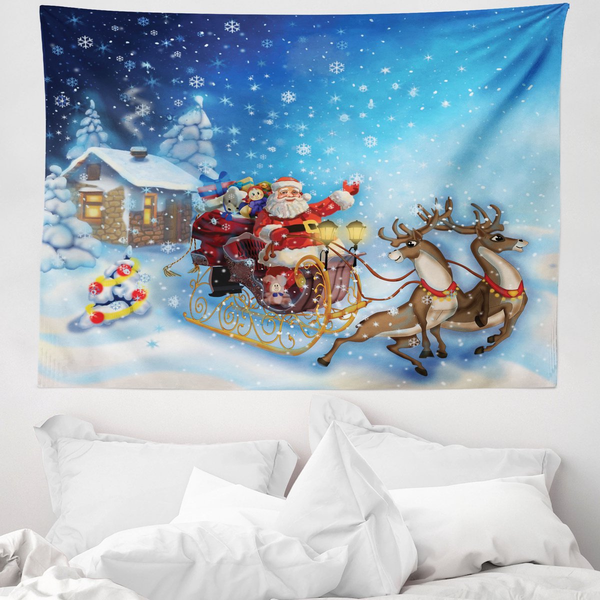 ABAKUHAUS Kersttapijt, Kerstman in een arrenslee Speelgoed gemaakt van zachte microvezelstof, wasbaar zonder vervagend digitaal print, 150 x 110 cm, marineblauw