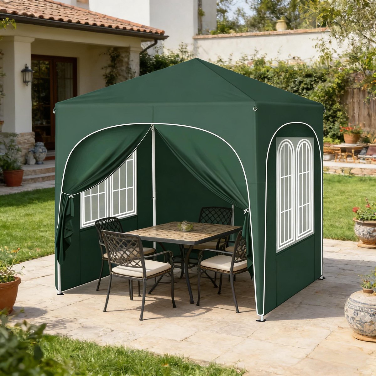 Opvouwbaar Easy-Up Partytent - Opvouwbaar prieel - 2x2m - Waterdicht - UV Bescherming - Metalen frame - Geschikt voor Familiebijeenkomsten, picknicks, sportevenementen, rommelmarkten, barbecues, strandactiviteiten - Groen