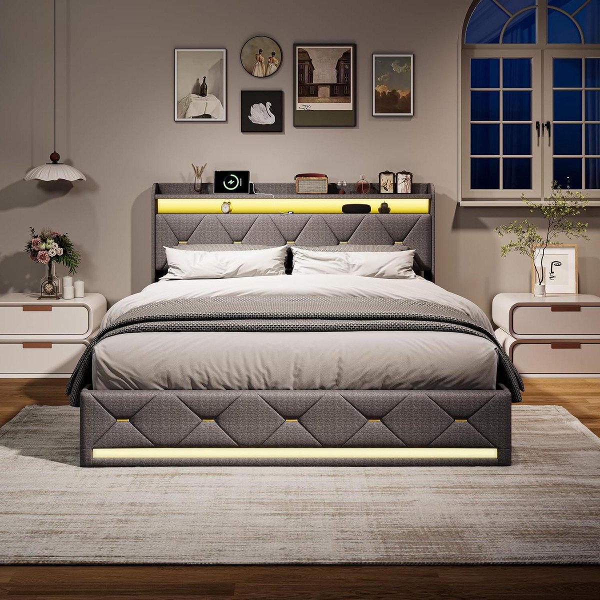 Gestoffeerd Bed - Linnen Bedframe - Slaapkamer Opbergen - Hydraulische Bak - 160x200 cm - Grijs