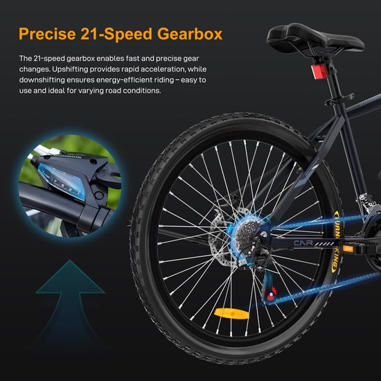 Close-up van de versnellingspook en tandwielen van een zwarte fiets, met tekst over de precisie van de 21-versnellingsbak.