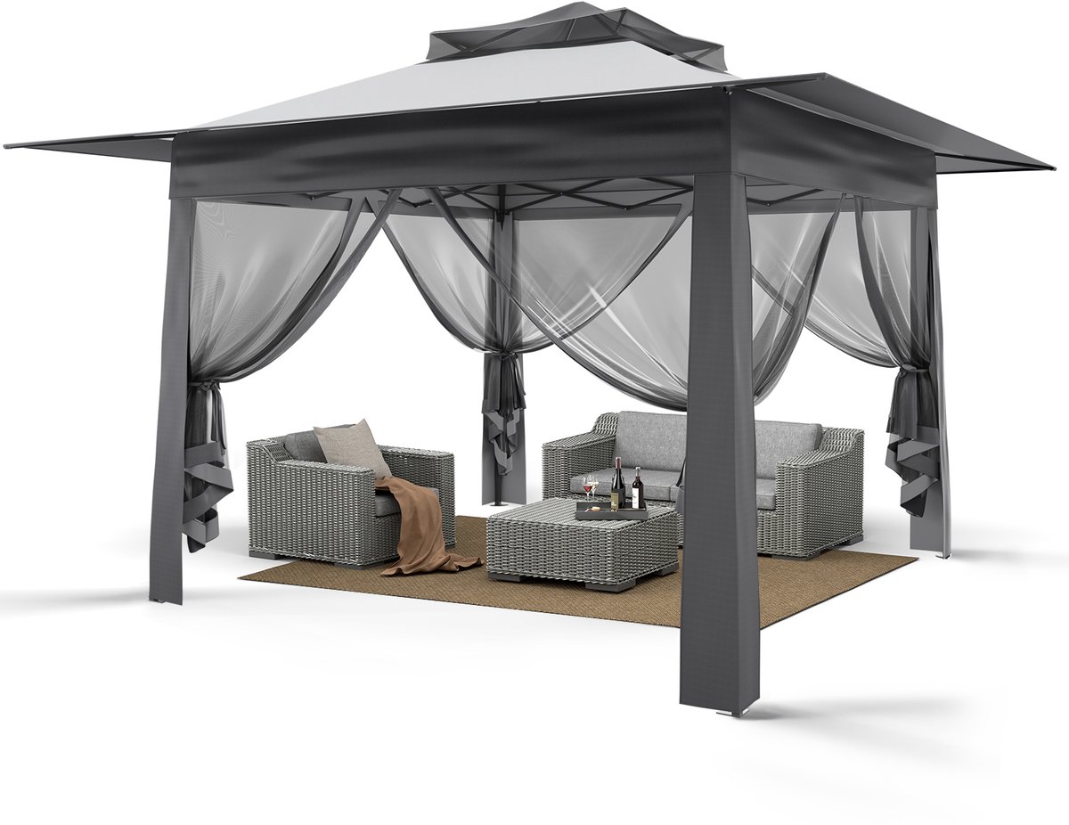 Puluomis - Tuinpaviljoen met waterafstotend dubbel dak - Gazebo met UV-bescherming - Afmetingen (LxBxH) 3.65x3.65x2.6M - Vouwpaviljoen - 4 klamboe zijpanelen - Opvouwbaar - Inclusief transporttas - Grijs
