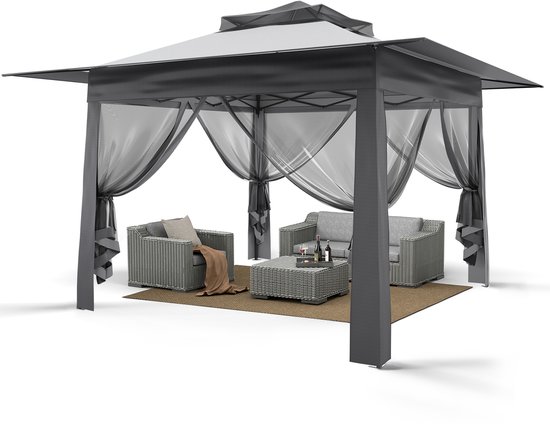 Puluomis - Tuinpaviljoen met waterafstotend dubbel dak - Gazebo met UV-bescherming - Afmetingen (LxBxH) 3.65x3.65x2.6M - Vouwpaviljoen - 4 klamboe zijpanelen - Opvouwbaar - Inclusief transporttas - Grijs