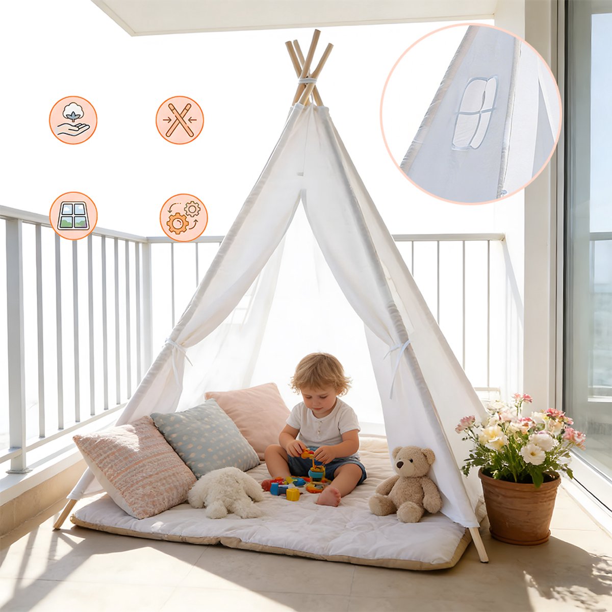 Grote Witte Tipi-Tent 120×120×130cm - Wasbare Opvouwbare Slaaptent Voor Binnen - Leuk Speelcadeau Voor Peuters Jongens En Meisjes