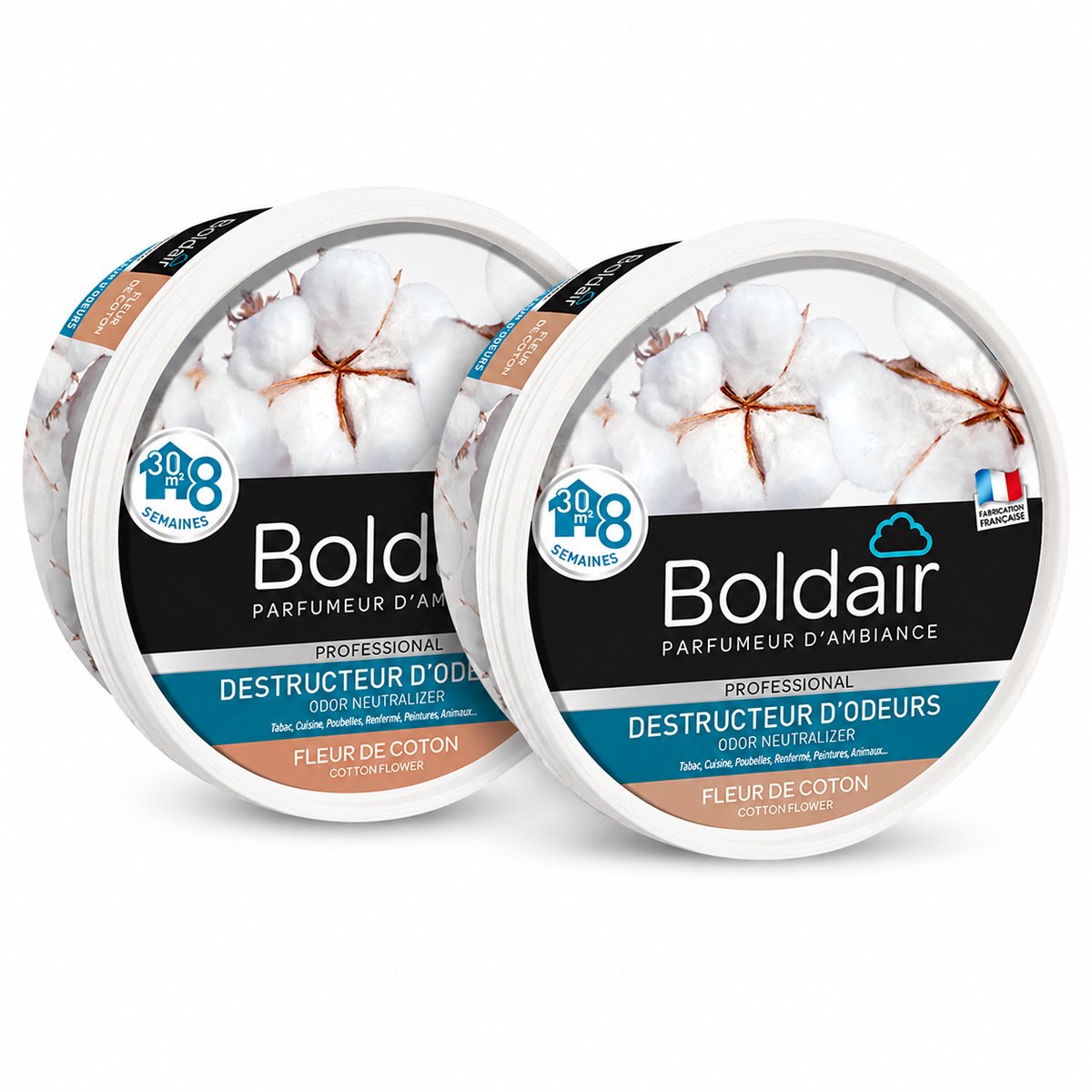 Boldair Geurverdrijver Gel Fleur de Coton 300 g - Set van 2 Stuks - Professionele Luchtverfrisser Geurneutralisator - 8 Weken Werking tot 30 m² - Made in France Grasse