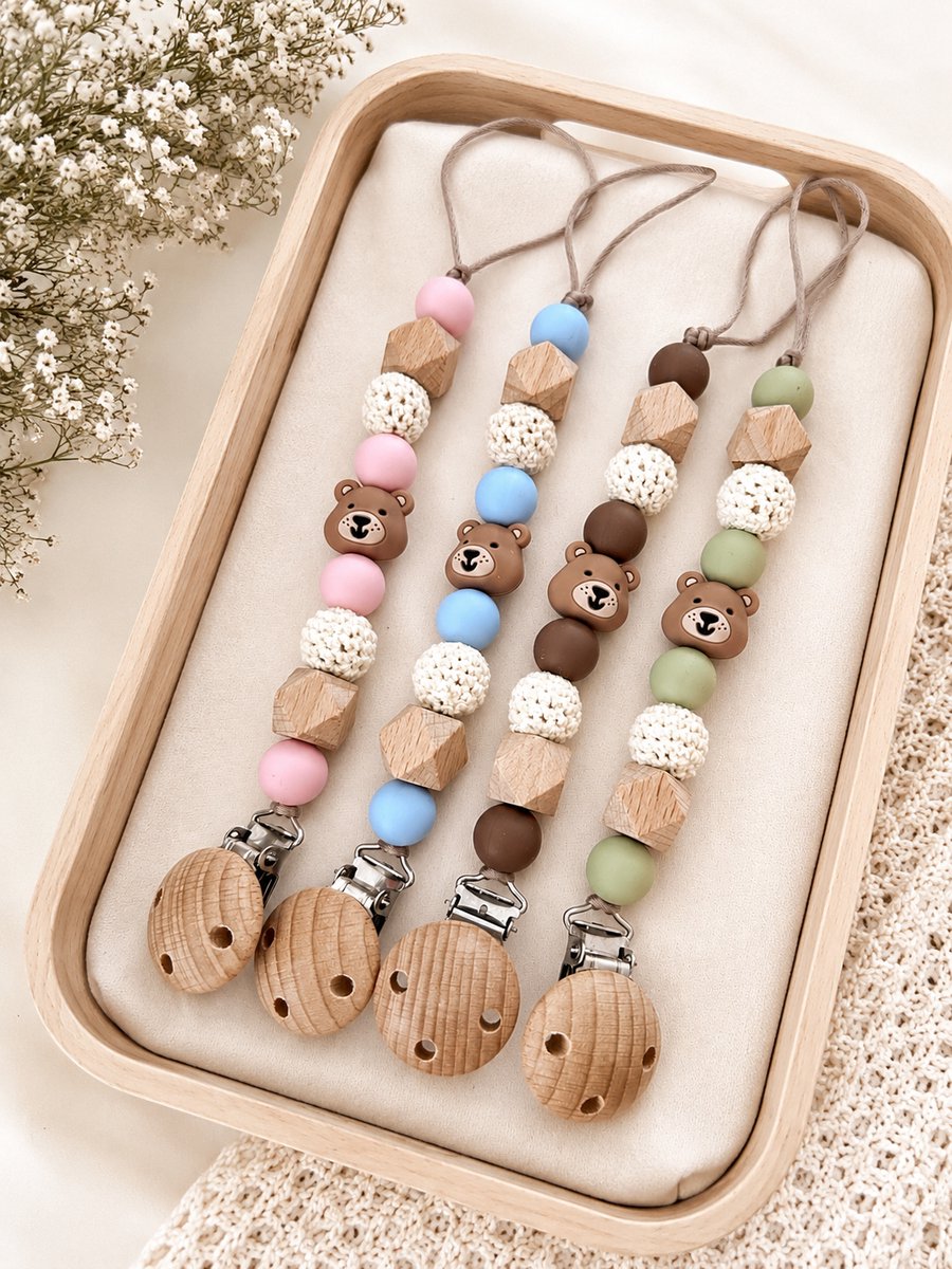 Luxe Speenkoorden - Speenkoord beer BLAUW - fopspeen clip - jongen - kraamcadeau - baby shower
