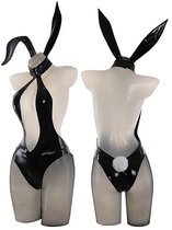 Sexy Bunny Pakje - 6 Delig Konijnen Kostuum Rollenspel - Cosplay & Roleplay - Anime - Latex-look - Body, Haarband, Handschoenen, Panty, Staart en Masker - Zwart - One Size