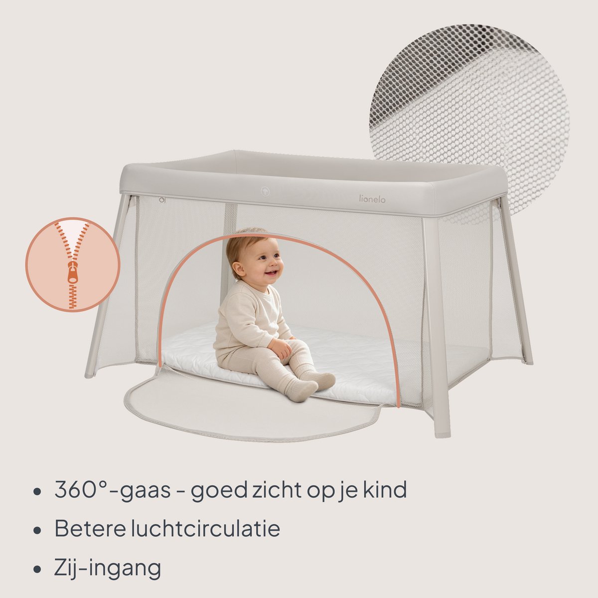 Lionelo Mila – 2 in 1 Reisbedje & Campingbed – Lichtgewicht – 2 Hoogteposities – 4 cm T25 Matras – 360° Mesh Ventilatie – Snel Compact Opvouwbaar – Zij-ingang met Rits – Inclusief Draagtas – Afneembare Wasbare Hoes thumbnail 5
