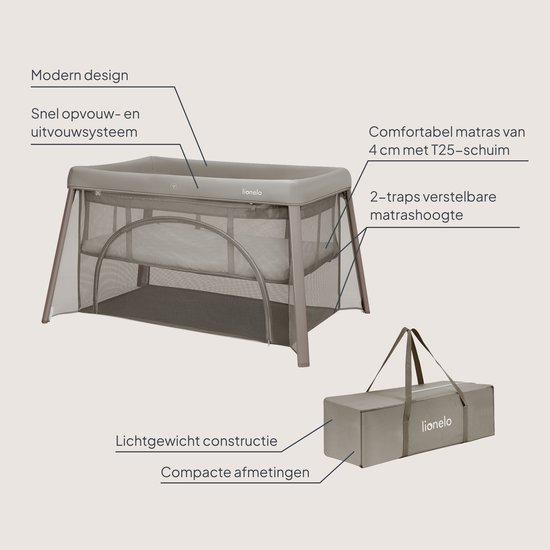 Grijze reiswieg met label 'Modern design', label 'Snel opvouw- en uitvouwsysteem', en comfortabele matras van 4 cm T25-schuim met 2 verstelbare hoogtes. Beige draagtas.